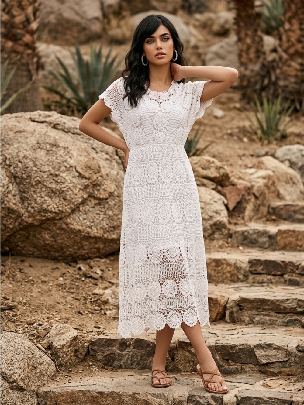 Boho Artisan Handmade Bright White Crochet Lined Summer Maxi Dress—M